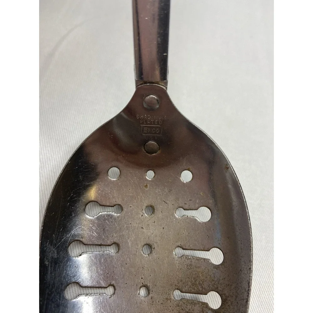 Vintage EKCO Slotted‎ Spoon Chromium Plated Black Handle Made in USA 11 Inch